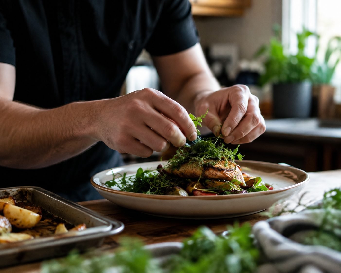 Chef plating a dish with fresh herbs