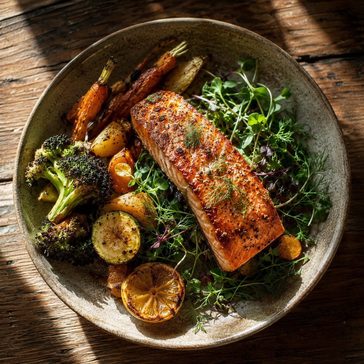 Pan-seared wild salmon with seasonal vegetables, LiveGreensPDX personal chef service