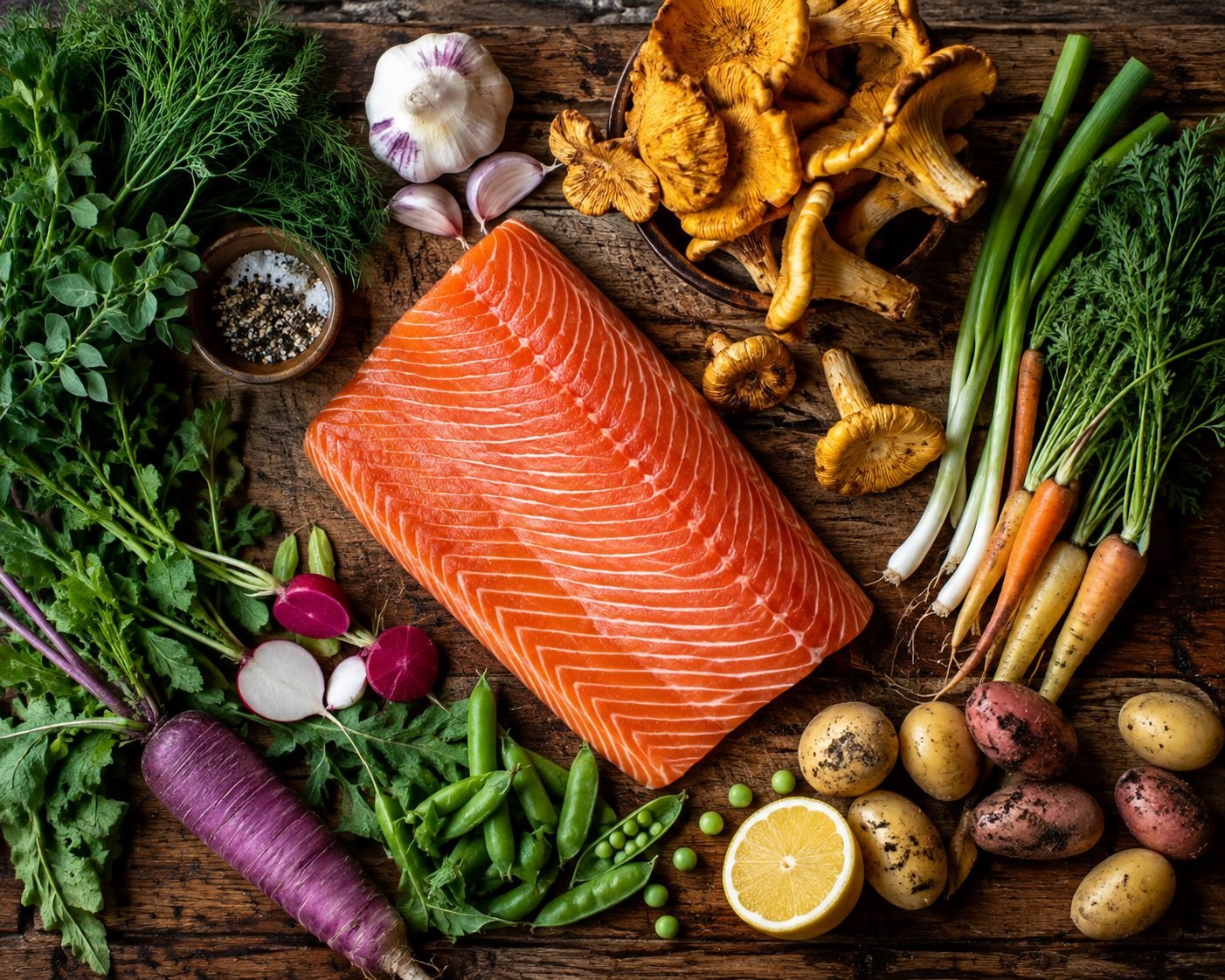 Fresh Pacific Northwest ingredients including wild salmon, chanterelle mushrooms, and seasonal vegetables